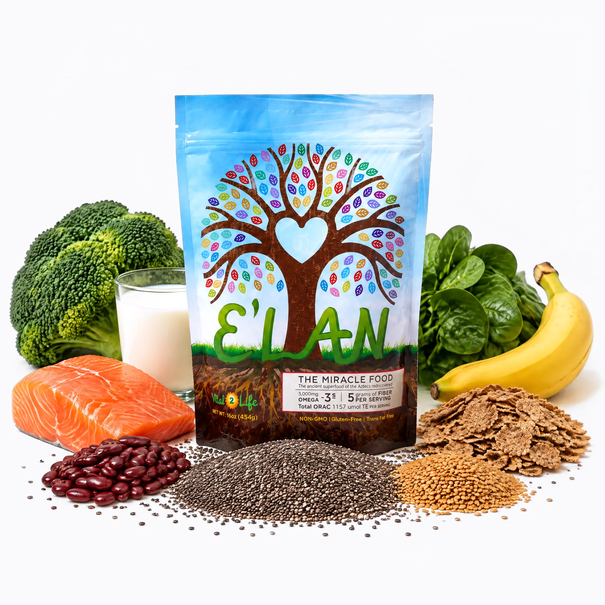 The E'LAN pouch standing in a pile of chia seeds, ringed by the eight foods it is compared with: broccoli, a glass of milk, a raw salmon fillet, red kidney beans, golden flax seed, spinach, bran flakes and a banana. The pouch shows a tree with a heart-shaped gap in its canopy and multicoloured leaves, over grass and soil, with E'LAN in green script and the Vital2Life mark below.