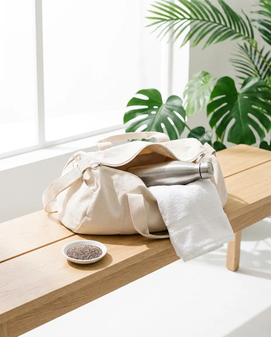 An open cream canvas holdall on a light wood bench by a bright window, a steel water bottle and white towel inside it, a small dish of dry chia seeds on the bench beside it and large palm and monstera leaves behind.